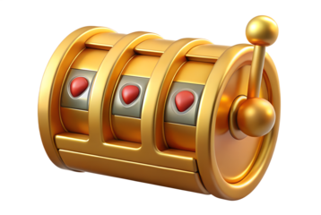 Photo of a closeup view of a golden slot machine reel with three heart symbols displayed, isolated on a transparent background, representing luck, gambling, and winning