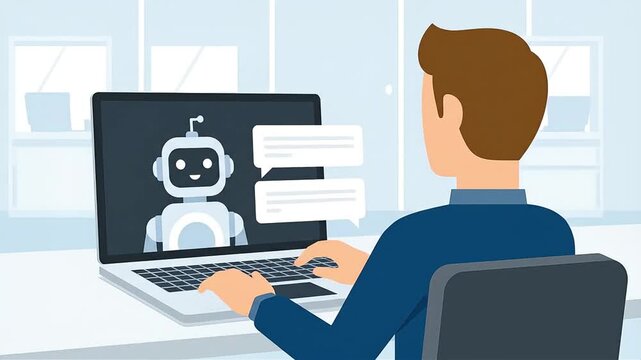 Business Man Interacting with AI Chatbot on Laptop. Artificial Intelligence Assistant for Customer Service, Digital Communication, and Office Automation Flat Design.