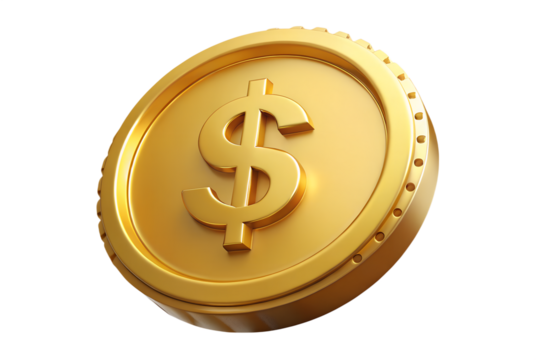 Photo of a single, shiny gold coin with a prominent dollar sign embossed on its surface, isolated on a clean transparent background, symbolizing currency and monetary value