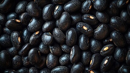 Close up macro shot of many shiny black beans ready for cooking and eating