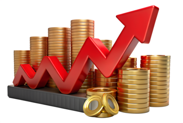 Photo of red arrow graph showing upward trend over stacks of gold coins, isolated on transparent background