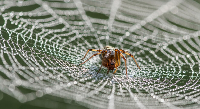 Close-up of a spider on its intricate web covered in morning dew.