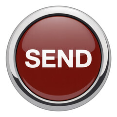Shiny red round button with the word send embossed for digital communication and actions website interface design element isolated on transparent background