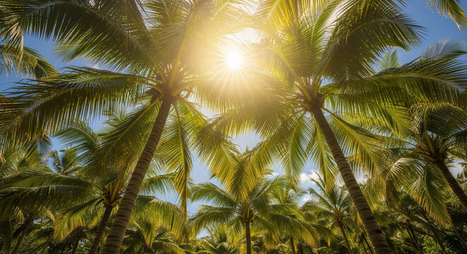 A bright, vibrant image looking up at a dense canopy of palm trees. The sun shines brightly in the center, creating a powerful lens flare and casting a warm, inviting glow over the lush green fronds. 