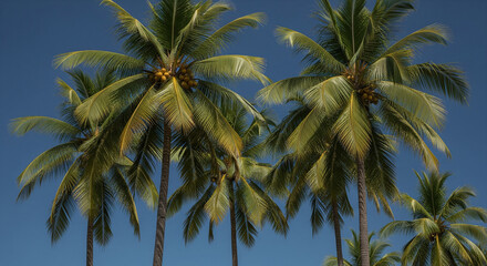 Fototapeta premium A classic, low-angle shot of a group of tropical palm trees with their lush green fronds and visible coconuts against a perfectly clear blue sky