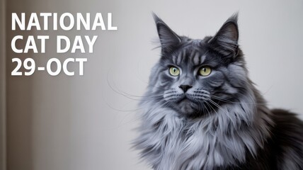 Majestic maine coon cat with striking green eyes and a thick, fluffy grey coat, looking intently at the camera, with national cat day 29oct text overlay