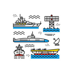 Obraz premium naval fleet icons showcasing a range of maritime vessels including a warship submarine and aircraft carrier illustrating naval power and marine transportation.