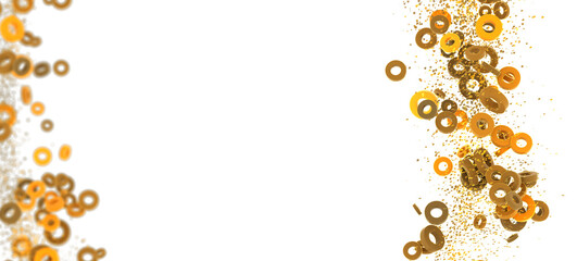 Abstract image of gold and orange rings falling on white background. Perfect for celebration, party, or festive designs.
