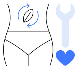 Female silhouette with digestive symbol, wrench, and heart representing health, repair, and nutrition. Ideal for healthcare, self-care, nutrition, wellness fitness body positivity simple landing