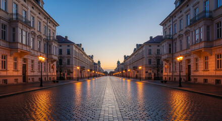 This image captures a serene and beautiful view of a historic European street just before sunrise. The symmetric composition of the classical buildings lining both sides of the cobblestone road draws