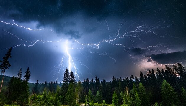 beautiful lightning during a thunderstorm at night in a forest that caused a fire against a dark sky with rain