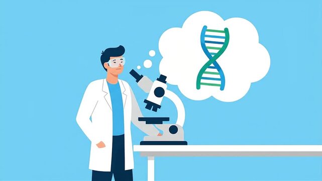 Professional Scientist Character Analyzing DNA Helix with Microscope in Laboratory, Flat Design Vector Illustration for Biotechnology, Medical Research, and Genetic Discovery