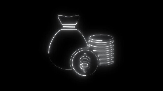 Neon Glowing Money Bag and Coins Icon &ndash; Digital Currency or Finance Concept.
