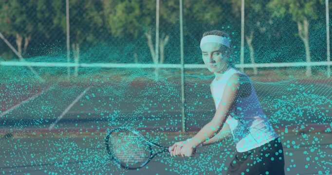 Tennis player shifting and hitting incoming ball while animation overlay highlighting backhand path