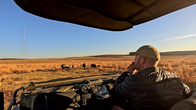 Game ranger in safari truck reports condition and location of endangered rhinos