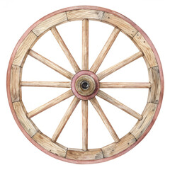 Rustic Wooden Wagon Wheel with Pink Rim Watercolor isolated on transparent background