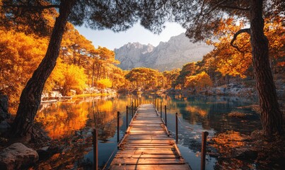Autumnal lake vista, wooden dock