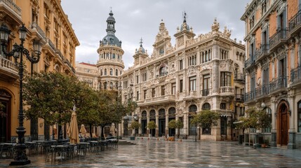 Fototapeta premium Beautiful buildings and plaza in the city of valencia, spain, on a cloudy day.