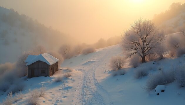 show the snow-blanketed ziarat hills shrouded in soft fog, with frost-covered juniper trees stretching into the distance. a small wooden cottage or grazing livestock can add life to the image. 