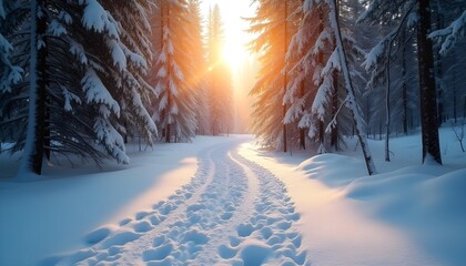 Photograph a snow-covered hiking trail through tall pine forests of Nathia Gali, with sun rays glinting off the white snow. Footprints in the trail suggest a story of adventure and solitude. Ideal .
