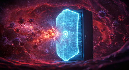 Abstract digital art showcasing a futuristic medical concept with glowing viruses and a pulsating energy beam