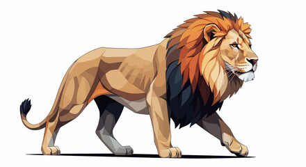Majestic male lion striding confidently with full mane in a detailed realistic portrait against a clean vector