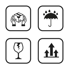 Shipping Package Handling Icons Fragile, Handle with Care, Waterproof, Up