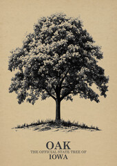 Fototapeta premium Iowa State Tree Oak Wall art Poster, Illustration For Wall Hanging Home Decoration Vintage Wall Art, Us State Poster