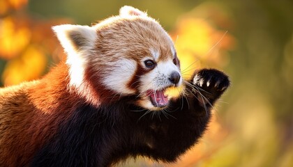 Obraz premium angry red panda hissing with raised paw on sunny background a wildlife portrait