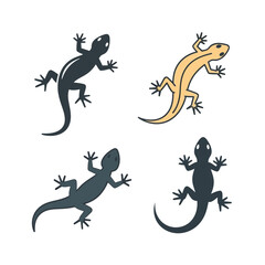 Four diverse gecko silhouettes in dynamic poses on a clean white canvas showcasing naturalistic color variations vector