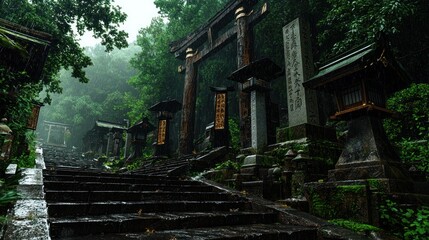 Misty, ancient stone steps ascend through lush, Japanese forest, leading to wooden torii gates