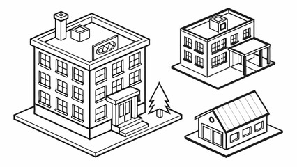 Isometric Building Illustrations in Black and White.