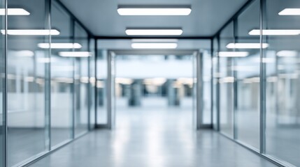 Obraz premium Modern Glass Corridor with Bright Overhead Lighting in Contemporary Office Building