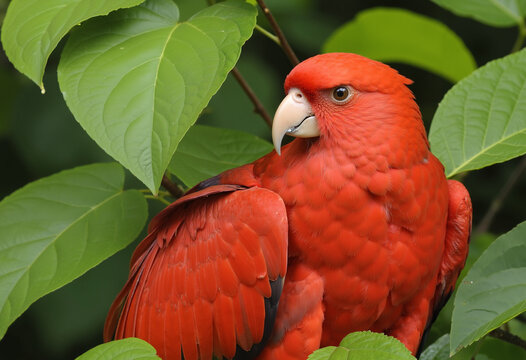 Riot of colors. Red parrot sits among green leaves in tropical forest