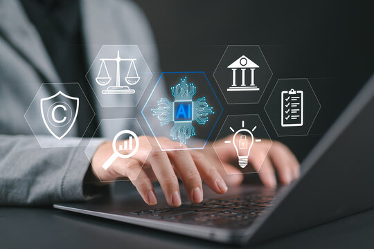 AI Laws and Regulations Concept. Woman typing on laptop with digital icons representing artificial intelligence, legal standard, ethics, regulatory compliance, Technology law and policy, copyright