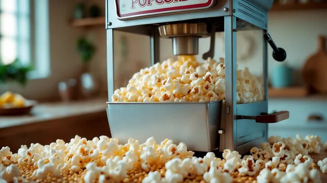 Classic popcorn machine serving freshly popped popcorn in the kitchen with a messy counter.