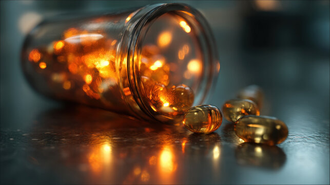 Glass jar spills golden capsules, creating warm glow on reflective surface. soft lighting enhances rich amber color of capsules, evoking sense of health and wellness