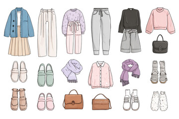 a set of clipart icon illustrations, cute pastel simple line drawing.
