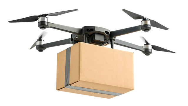 quadcopter parcel delivery drone carrying carton box isolated on transparent background isolated on white background