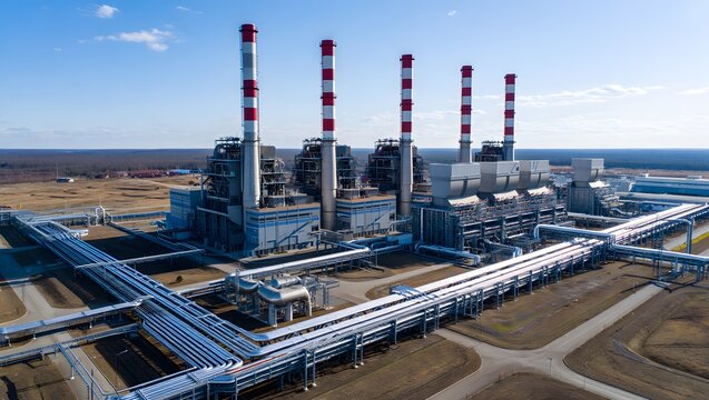 Aerial View of Industrial Power Plant with Tall Smokestacks and Pipelines