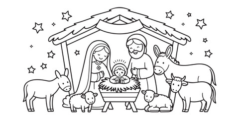 Christmas nativity scene  outline coloring book page line art  silhouette