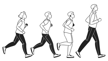 Running people jogging fitness workout exercise sports black and white line art illustration vector active healthy lifestyle motion movement speed energy people running athlete person running running.