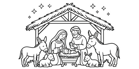 Christmas nativity scene  outline coloring book page line art  silhouette