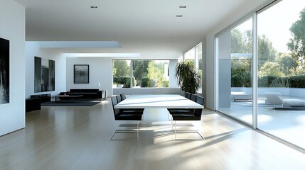Minimalist dining table with a sleek white surface paired with modern black chairs set in a bright open space offering a contemporary vibe with clean lines and neutral tones