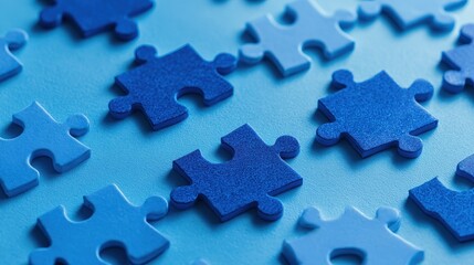 A 4K photo of blue puzzle pieces connect on blue background.