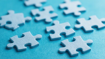 Fototapeta premium A 4K photo of blue puzzle pieces connect on blue background.