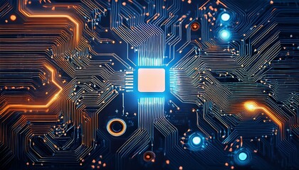 high tech circuit board with illuminated pathways