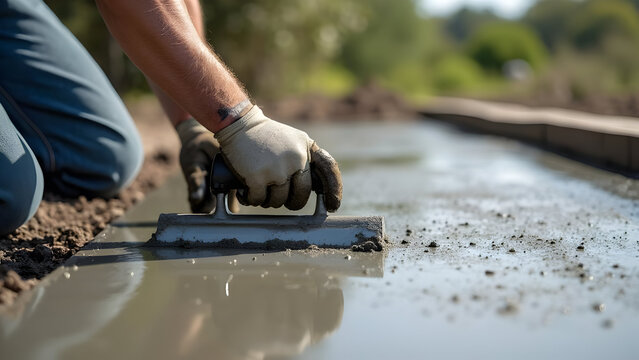 Builder leveling newly poured concrete using hand trowel outdoors