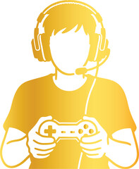 Golden silhouette of young gamer using joystick, vector design