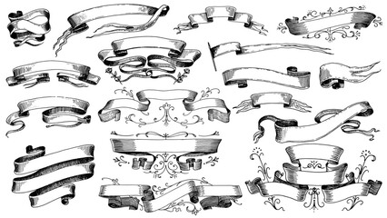 Set of scroll ribbon banners in Barocco style. Hand drawn engraving for your text in vintage traditional technique. For wedding, events, birthday and greetings.